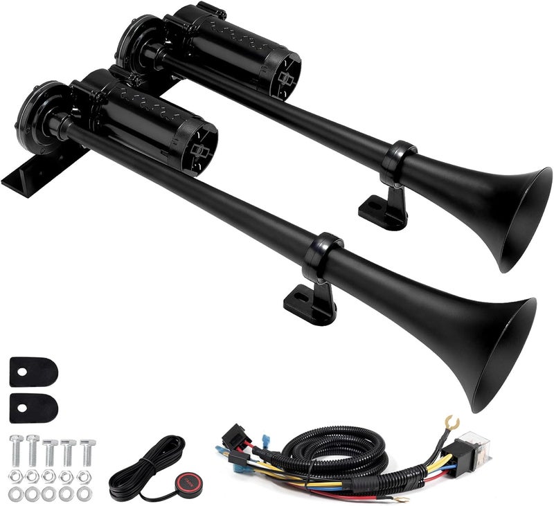 FARBIN Dual Trumpet Air Horn, 12V Train Horn for Truck with 2 Air Compressors,178dB Loud Horns for Any 12V Vehicles Trucks Pickups SUV Lorrys Boats (Black Integrated Trumpet with Button) - Image 1